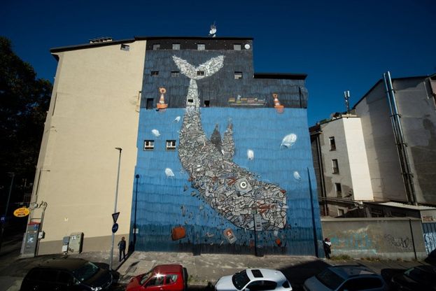Torino, balene e delfini nel cuore della città antica con lo street artist MrFijodor