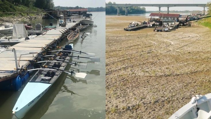 Gli effetti della siccità sul Po: il fotoconfronto delle barche in secca alla Canottieri di Ficarolo