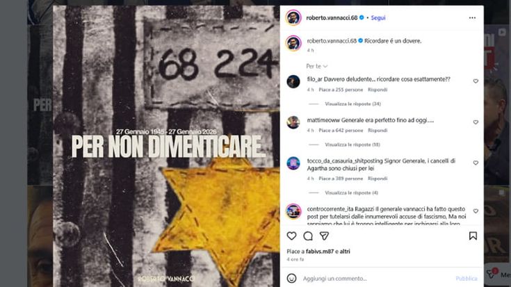 Giorno memoria, post di Vannacci: "Ricordare un dovere”. Insorgono i follower: generale, ci deludi
