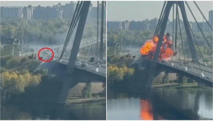Ucraina, l'esplosione del drone russo sul Ponte Nord di Kiev: il video dell'impatto