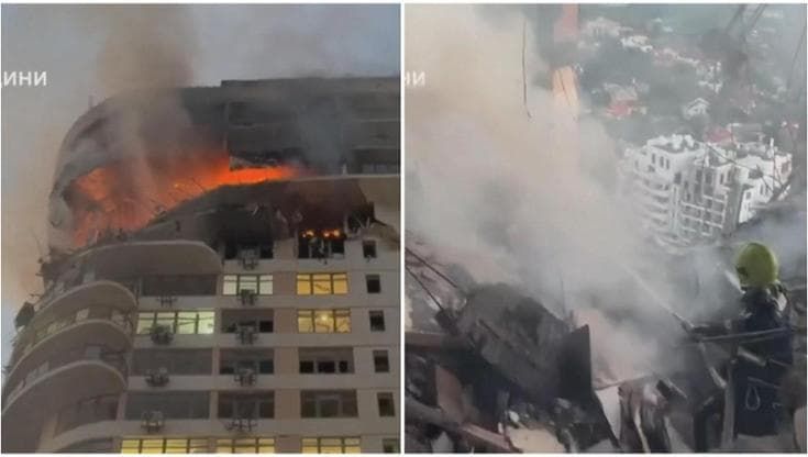 Droni russi su Odessa, almeno 23 feriti: le immagini del grattacielo sventrato e in fiamme