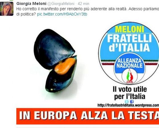 Tweet con una cozza. Meloni autoironica su manifesto photoshoppato
