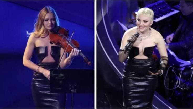 Sanremo 2023, la curiosa coincidenza: Arisa e la violinista Marzadori con lo stesso abito