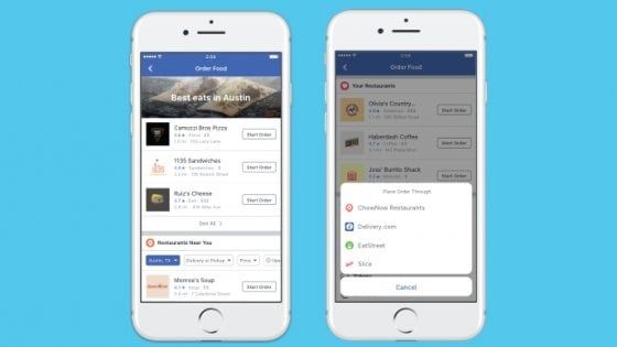 Facebook entra nel gioco dei ristoranti: lancia il servizio per comprare cibo a domicilio