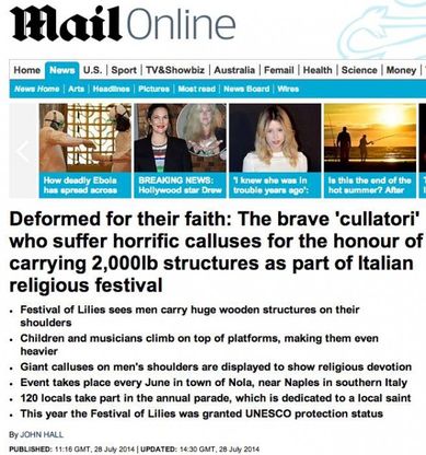 Lo stupore del Daily Mail per i "cullatori" dei Gigli di Nola: "Deformati dalla fede"