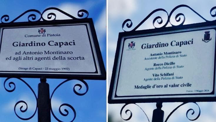 Sostituita la targa del Giardino Capaci di Pistoia: ora ci sono i nomi dei tre agenti