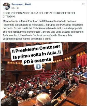 Gaffe del deputato M5s: "Pd assente mentre parla Conte", ma come prova posta la foto della Camera e non del Senato 