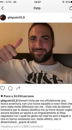 Higuain ai tifosi napoletani:  "Siamo su fronti diversi , ma non vi dimenticherò"