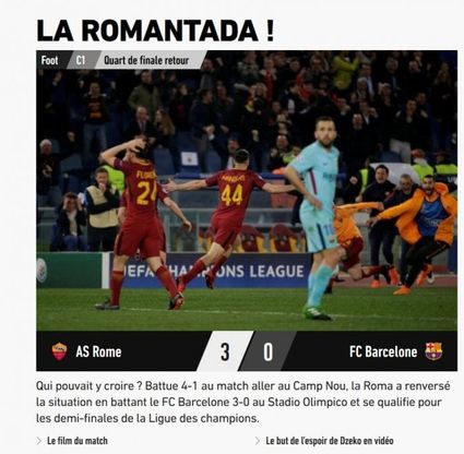 Roma-Barcellona, l'impresa giallorossa sui siti stranieri: "Romantada" 