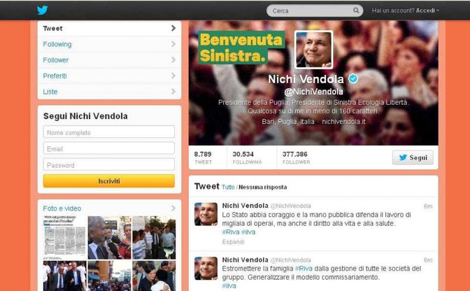 Emergenza Ilva, il tweet di Vendola<br />"Soluzione &egrave; estromettere i Riva"
