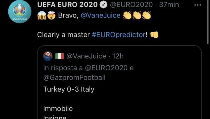 Europei 2020, con un tweet azzecca risultato e marcatori di Italia - Turchia compreso l'autogol. Uefa si complimenta