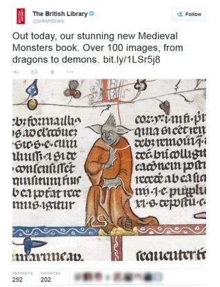 Inghilterra, il monaco nel manoscritto medievale sembra Yoda