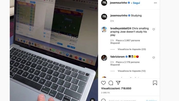 Mourinho guarda i video delle azioni della Roma e posta su Instagram: "Studying"