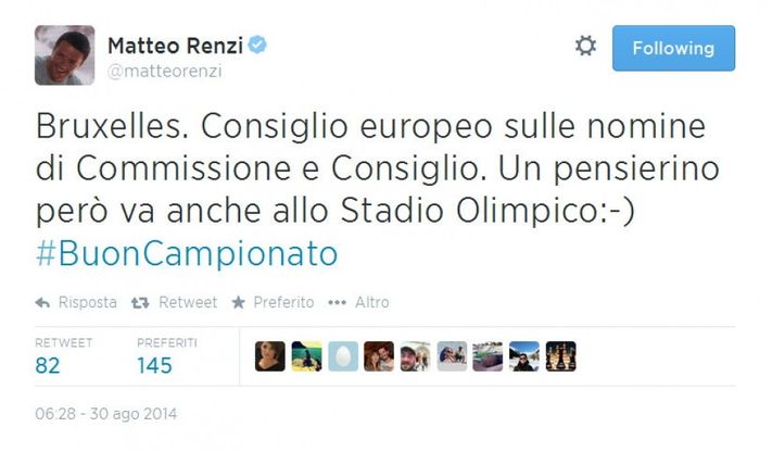 Il tweet di Renzi da Bruxelles: "Un pensiero all'Olimpico: buon campionato"