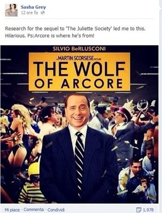 Sasha Grey su Fb: "Berlusconi &egrave; The Wolf of Arcore"