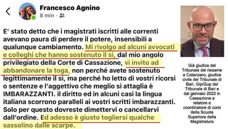 “Avvocati che hanno votato Sì lascino toga”: bufera sul giudice Agnino, chiesta azione disciplinare