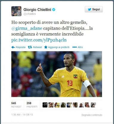 Twitter: Giorgio Chiellini scopre il suo sosia, &egrave; un calciatore etiope