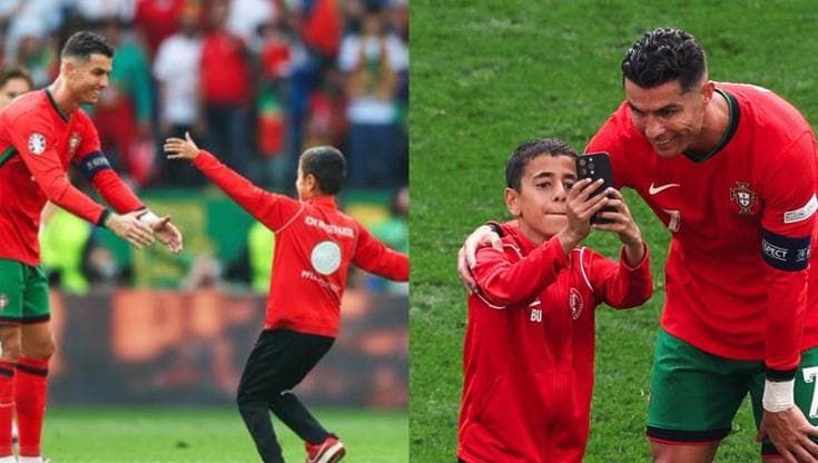 Il piccolo tifoso invade il campo, fa un selfie con Ronaldo, poi dribbla gli steward che lo inseguono
