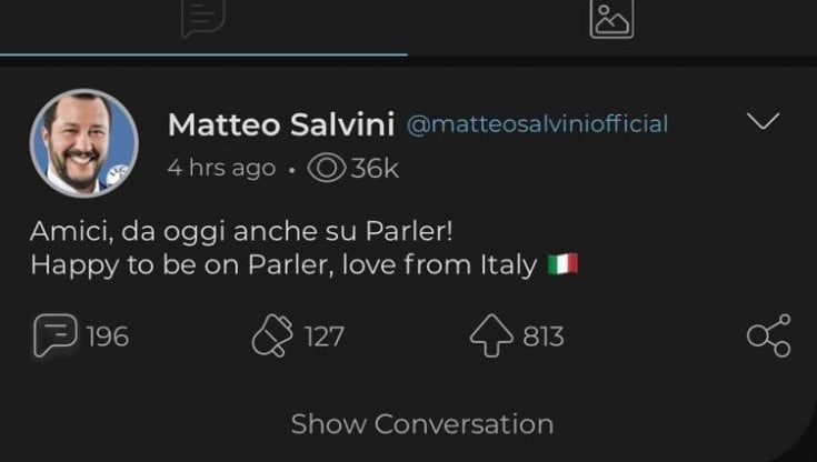 Lega: Salvini si iscrive a Parler, la piattaforma social dei trumpiani