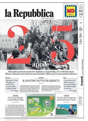 25 aprile: la prima pagina di Repubblica 