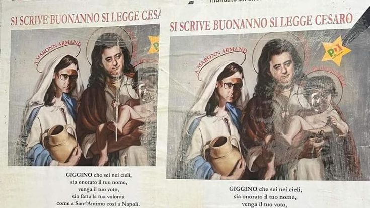 I Cesaro come la “Sacra famiglia del voto” sul manifesto anti-Pd: “Sostengono Buonanno”. Scatta la querela