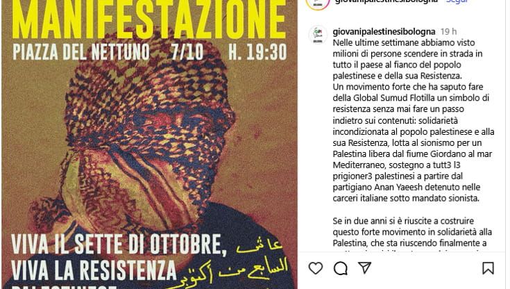 I Giovani Palestinesi: “Viva il 7 ottobre, scendiamo in piazza a Bologna”. Lepore: “Vergognoso”