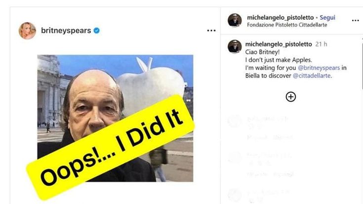 "Da dove c***o arriva quella mela?". Alla domanda di Britney Spears risponde Pistoletto: "È mia"