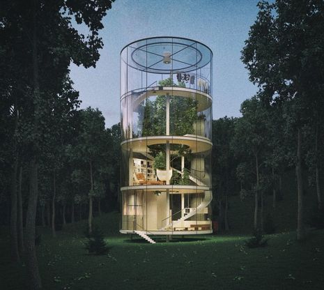 Vivere dentro la natura, la casa di vetro è intorno all'albero