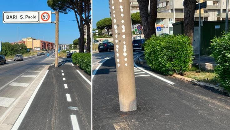 San Paolo, completata la pista ciclabile con il palo al centro: l’ostacolo è segnalato con il gesso