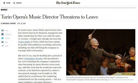 Finisce sul New York Times il "caos" del Teatro Regio