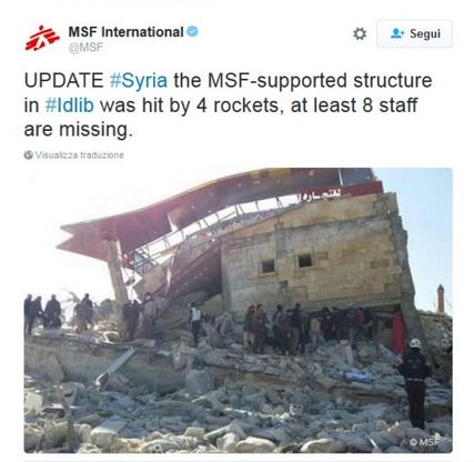 Siria, raid contro ospedale gestito da Medici senza frontiere