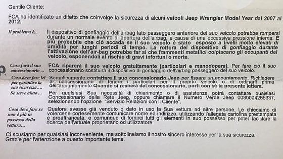 Airbag pericolosi, Fca si offre di riparare a proprie spese ottomila Jeep Wrangler