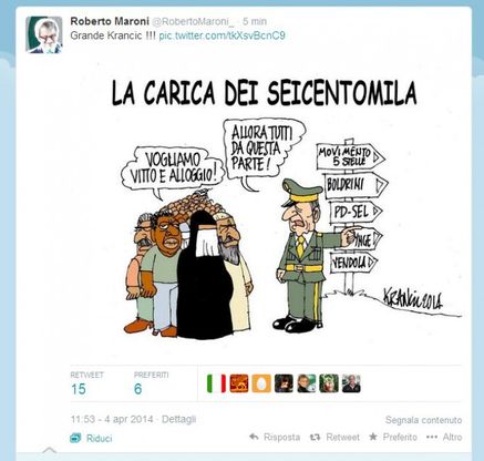 Lega, Maroni ritwitta la vignetta contro gli immigrati