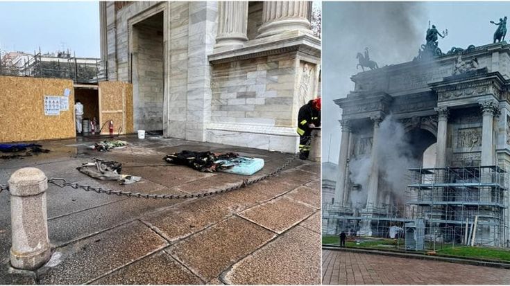 Arco della Pace, a fuoco i materassi dei clochard: fiamme e fumo visti al parco Sempione