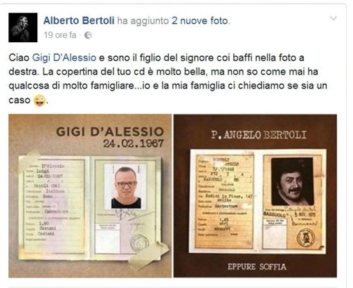 Musica, il figlio di Bertoli scrive a Gigi D'Alessio: "La copertina del tuo album mi è familiare..."