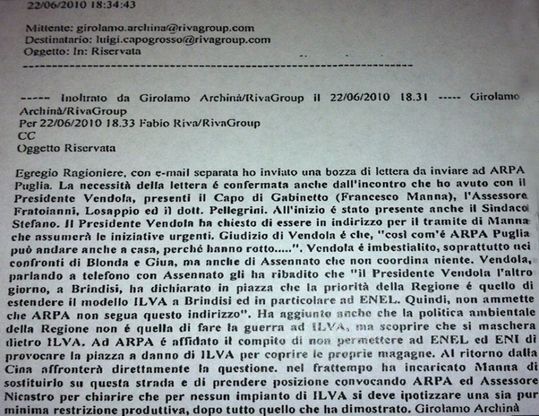 Ilva, quella mail con Vendola in mano alla Procura