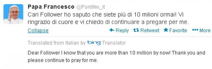 Twitter, il Papa: ''Siete pi&ugrave; di 10 mln! Grazie e pregate per me''