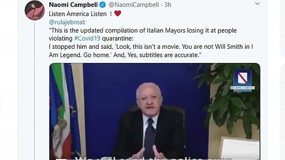 Coronavirus: la Campbell posta su instagram il video di De Luca "mando il lanciafiamme"