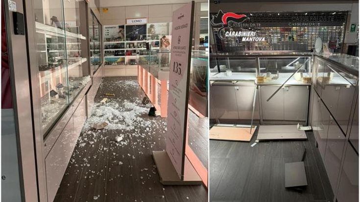 Mantova, spaccata alla gioielleria del centro commerciale La Favorita: le vetrine in frantumi