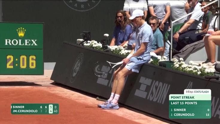 Roland-Garros, Sinner sfinito a bordo campo e sulla racchetta: il momento del crollo al terzo set