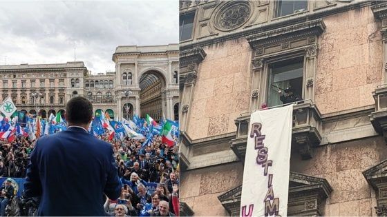 Milano, Salvini e i sovranisti non riempiono piazza Duomo. Fischi al Papa. Protesta degli striscioni sui balconi